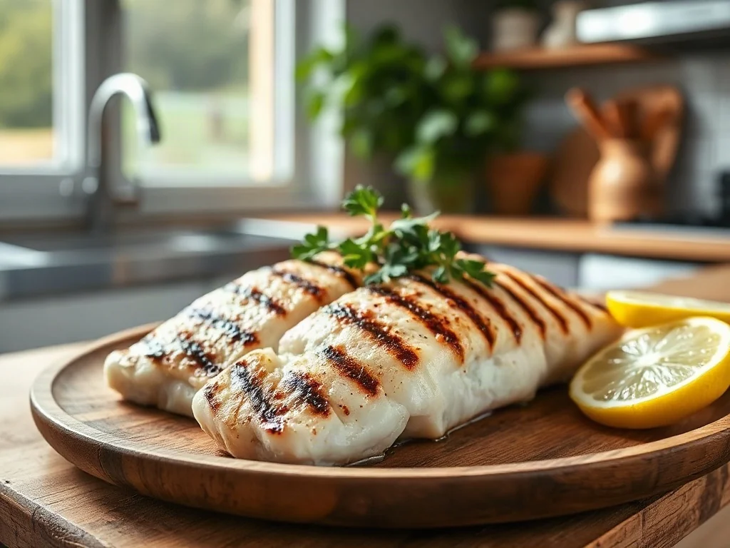 Pieczony filet z białej ryby z ziołami i cytryną na drewnianym talerzu, podkreślający walory odżywcze mintaja.