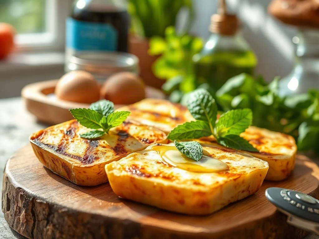 Złociste plastry grillowanego sera halloumi z miętą i oliwą na drewnianej desce w słonecznej kuchni.