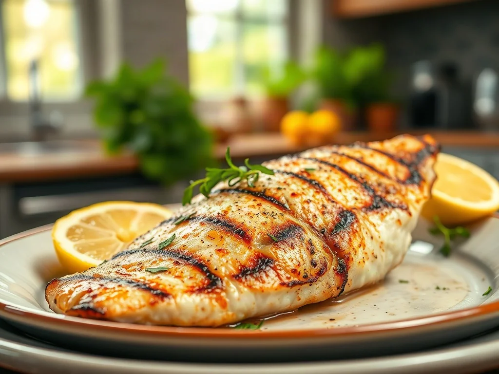 Perfekcyjnie grillowany filet z tilapii podany z cytryną i świeżymi ziołami na ceramicznym talerzu.