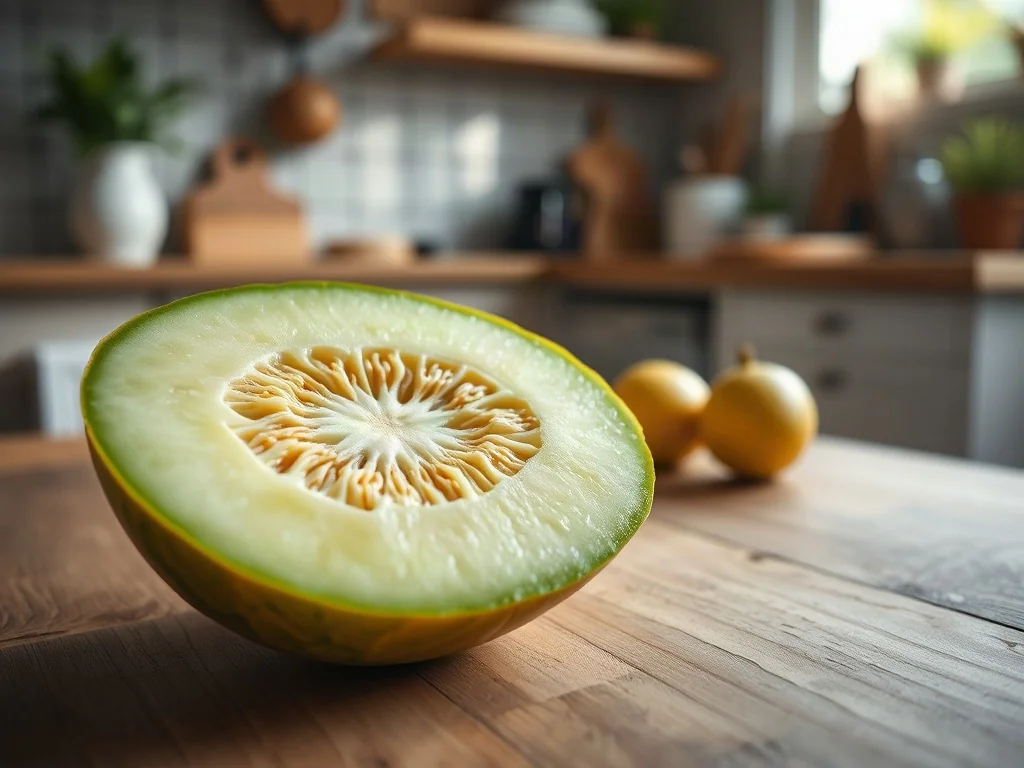 Przekrojony dojrzały melon galia z soczystym miąższem na drewnianym stole w słonecznej kuchni.