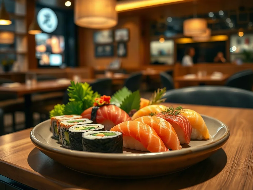 Apetyczny zestaw sushi z rolkami, nigiri i sashimi na minimalistycznym talerzu w restauracyjnym wnętrzu.