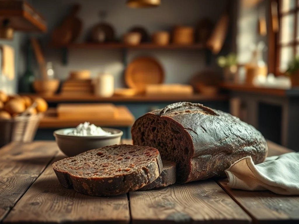 Kromki świeżego chleba żytniego na drewnianym stole w przytulnej piekarni. Podkreśla naturalność i tradycyjny wypiek pieczywa.